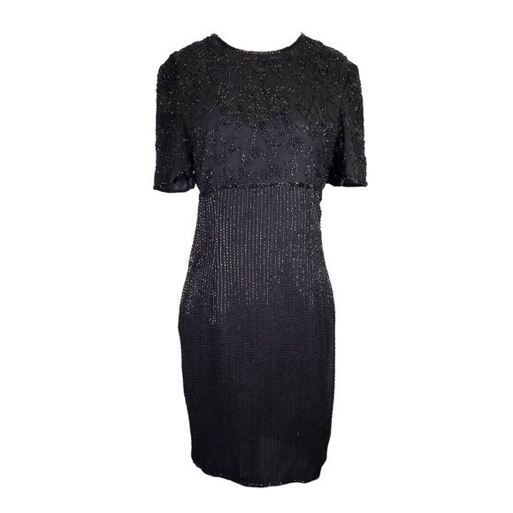 Parisian Room Dress Womens 12 Silk Black Beaded Lined Shoulder Pads LBD Vintage - Picture 1 of 9